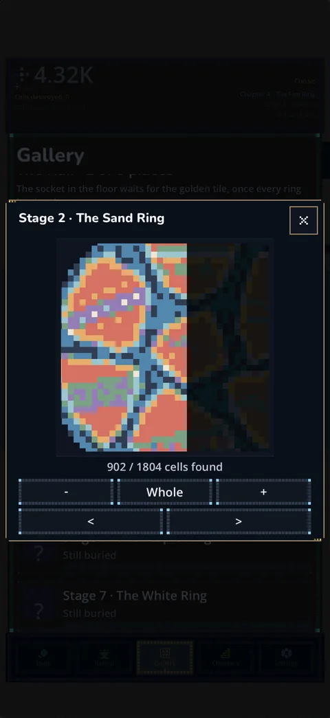A half-recovered pixel-art picture open in the Gallery viewer, with 902 of 1804 cells found and zoom controls.