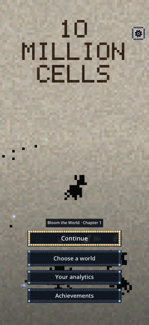 The home screen: the 10 Million Cells title over a field being dug, with Continue, Choose a world, Your analytics and Achievements buttons.