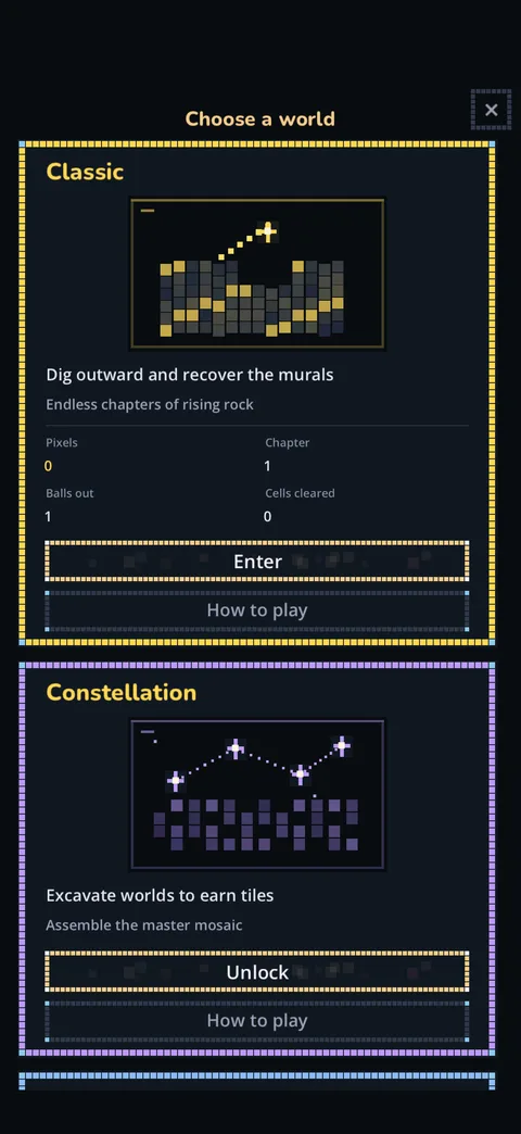 The world chooser, showing the Classic and Constellation cards with their artwork, goal and buttons.